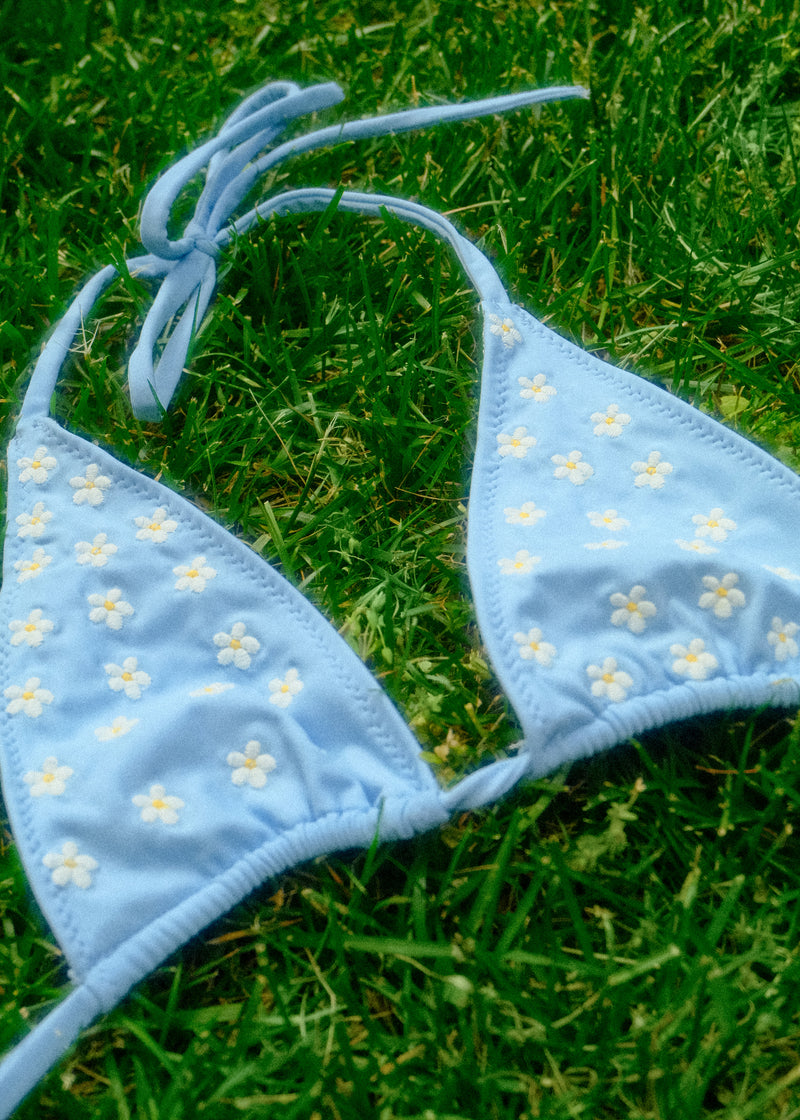 Bia Triangle Top- Sky Blue- Embroidered Daisies